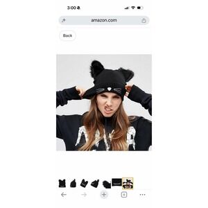 Black Cat Beanie Hat Soft Furry Ears Embroidered Whiskers Women's Girls Winter